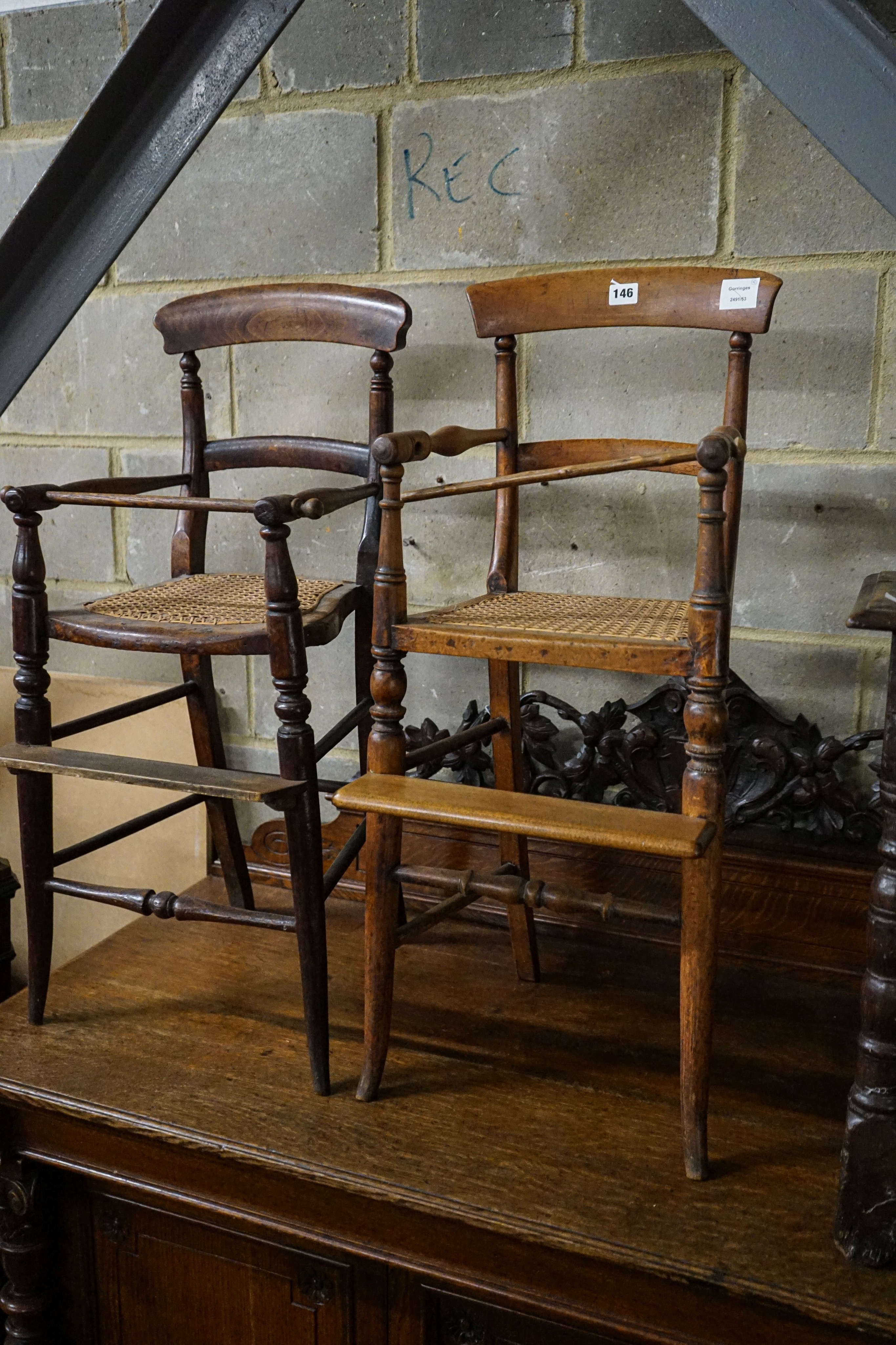 Two early Victorian carved and turned beech child's chairs, height 84cm